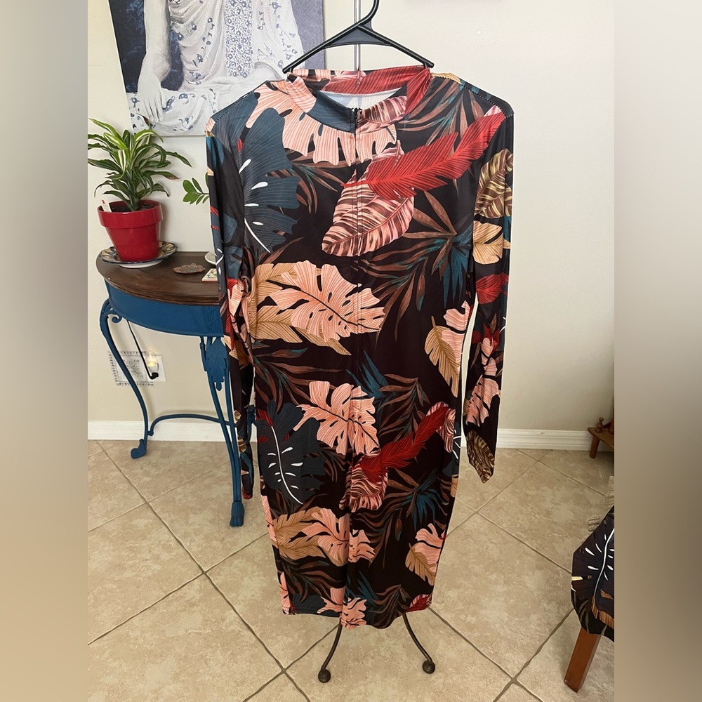 NWOT Tropical Leaf Zip Up Long Sleeve Bodycon Dress - L
